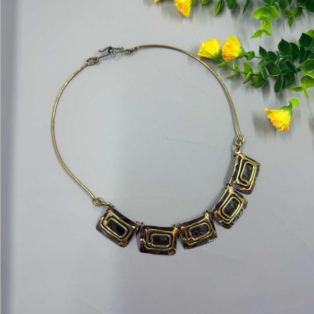Brutalist Style Gold and Silver Tone Geometric Link Collar Cleopatra Necklace